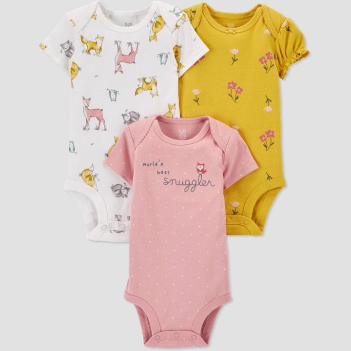 Baby Girls' 3pk Woodland Short Sleeve Bodysuit - Just One You Made By Carter's Pink/white/gold Newborn