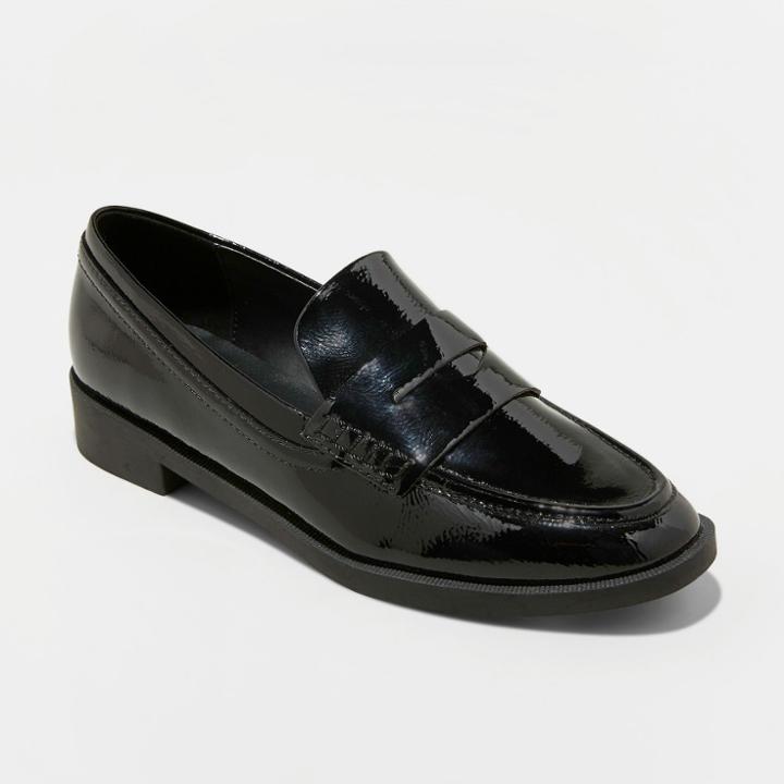 Women's Bernadette Studded Faux Leather Patent Penny Loafers - A New Day Black