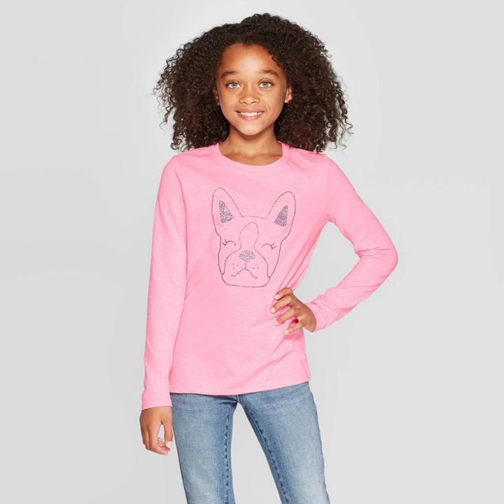 Girls' Long Sleeve Dog Graphic T-shirt - Cat & Jack Bright Pink L, Girl's,