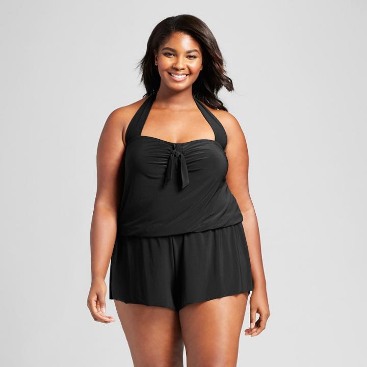 Women's Plus Size Halter Swim Romper - Black - 18w - Aqua Green