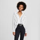 Women's Striped Long Sleeve V-neck Top - Le Kate (juniors') - Ivory