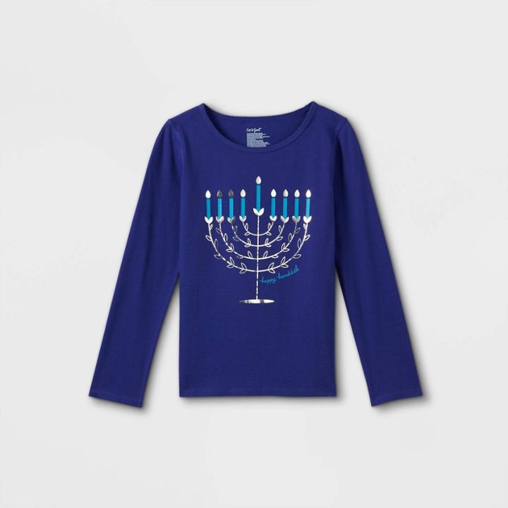 Girls' Adaptive Hanukkah Menorah Long Sleeve Graphic T-shirt - Cat & Jack Blue