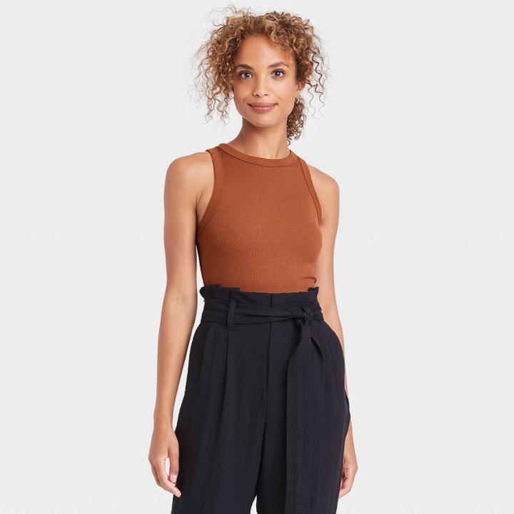 Women's Ribbed Crewneck Tank Bodysuit - A New Day Brown