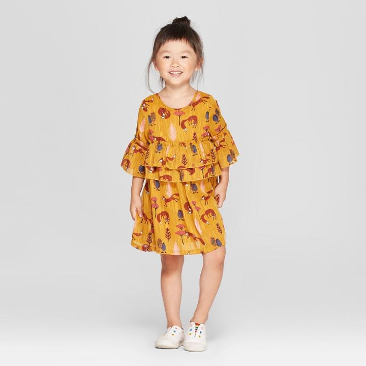 Toddler Girls' Short Sleeve Fox A-line Dress - Genuine Kids From Oshkosh Zesty Gold