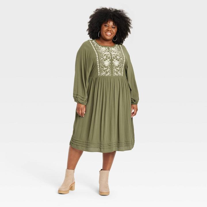 Women's Plus Size Long Sleeve Embroidered Babydoll Dress - Knox Rose Green