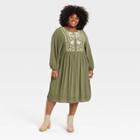 Women's Plus Size Long Sleeve Embroidered Babydoll Dress - Knox Rose Green