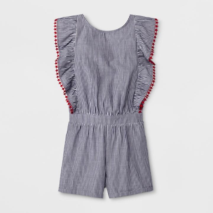 Girls' Short Sleeve Stripe Woven Americana Romper - Cat & Jack Navy
