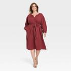 Women's Plus Size Balloon Long Sleeve Tie-front Shirtdress - Universal Thread Burgundy