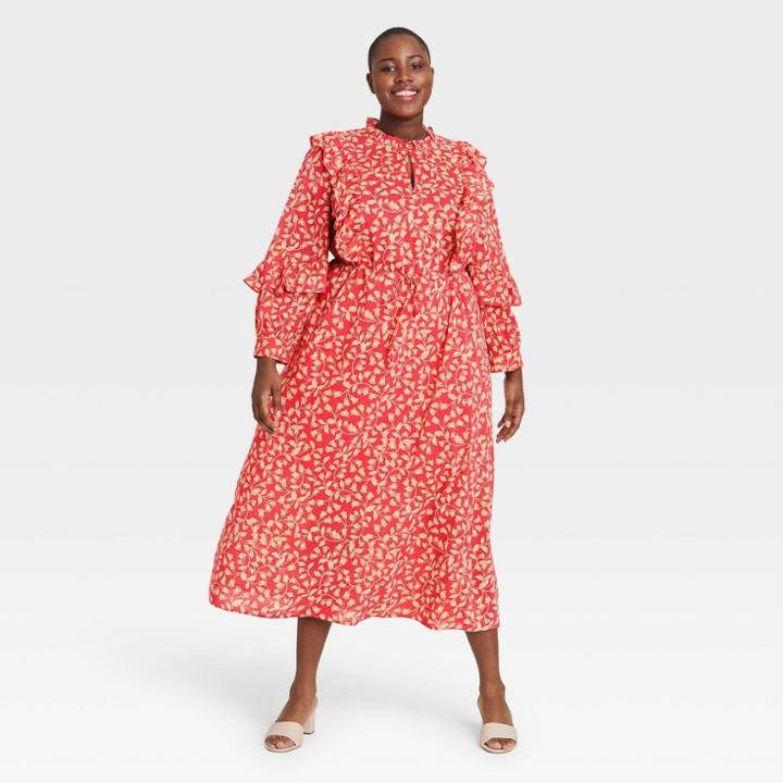 Women's Plus Size Floral Print Balloon Long Sleeve Soft Ruffle Dress - Who What Wear Red