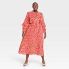 Women's Plus Size Floral Print Balloon Long Sleeve Soft Ruffle Dress - Who What Wear Red