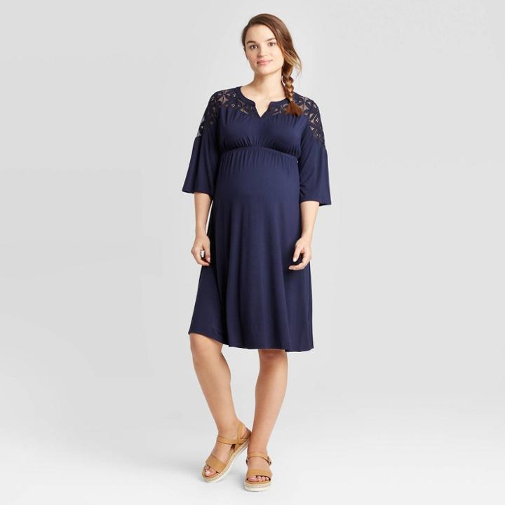 Maternity 3/4 Sleeve Lace Yoke Knit Midi Dress - Isabel Maternity By Ingrid & Isabel Navy Xs, Women's, Blue