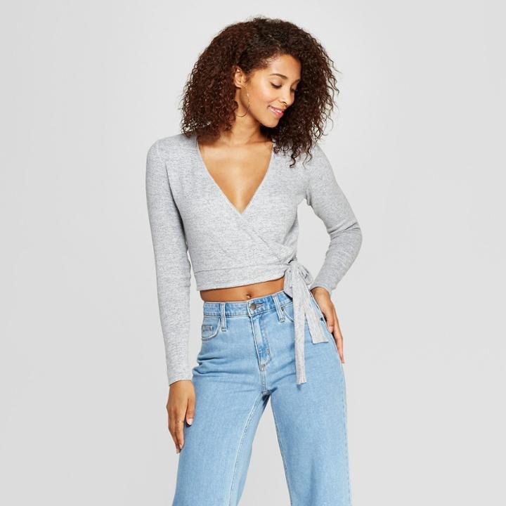 Women's Long Sleeve Hacci Knit Wrap Top - Xhilaration Heather Gray