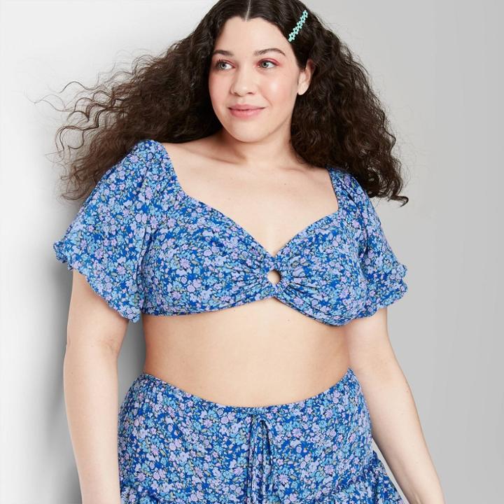Women's Puff Short Sleeve Sweetheart Neck Tiny Top - Wild Fable Blue Floral