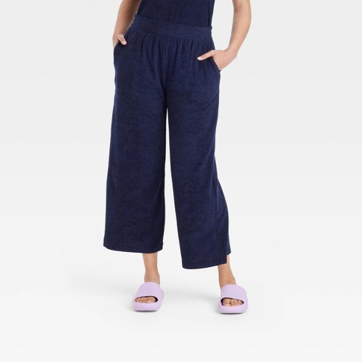 Women's High-rise French Terry Wide Leg Ankle Pull-on Pants - A New Day Navy Blue