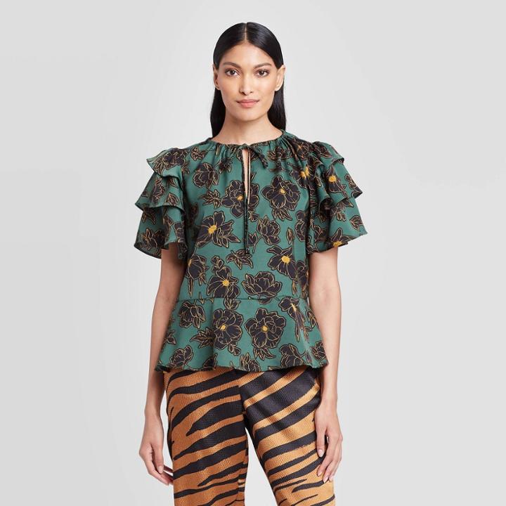 Women's Floral Print Flounce Short Sleeve Split Neck Peplum Ruffle Blouse - Who What Wear Green