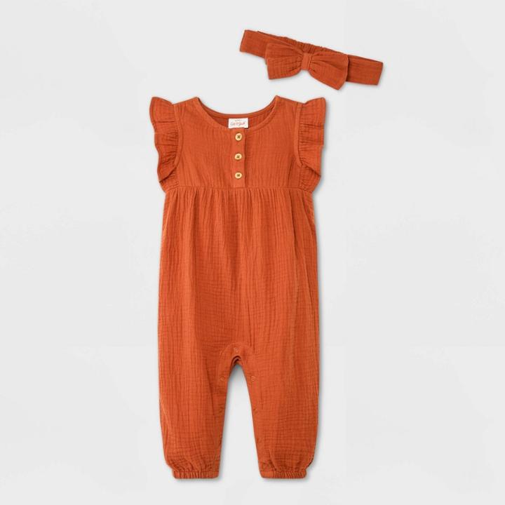Baby Girls' Gauze Henley Short Sleeve Romper With Headband - Cat & Jack Rust Newborn, Red