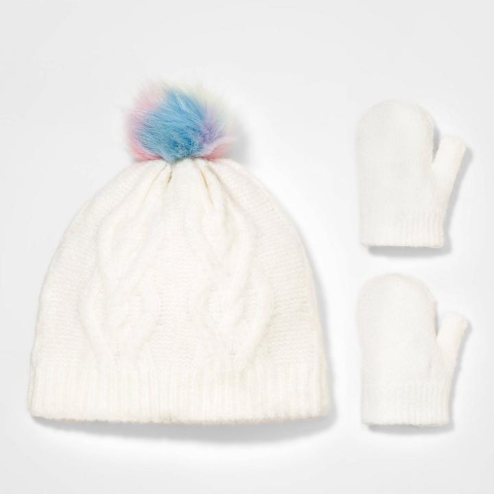 Toddler Girls' 2pk Cable Knit Beanie With Magic Mittens - Cat & Jack Cream