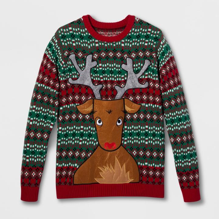 33 Degrees Men's Ugly Holiday Reindeer Beverage Holder Long Sleeve Pullover Sweater - Green
