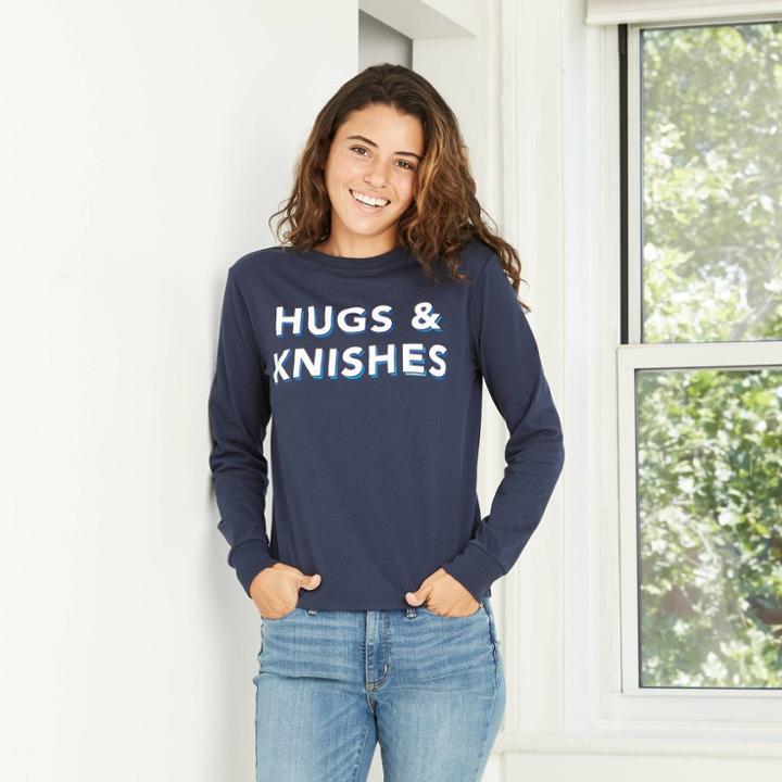 Zoe+liv Women's Hugs And Knishes Long Sleeve Graphic T-shirt - Navy