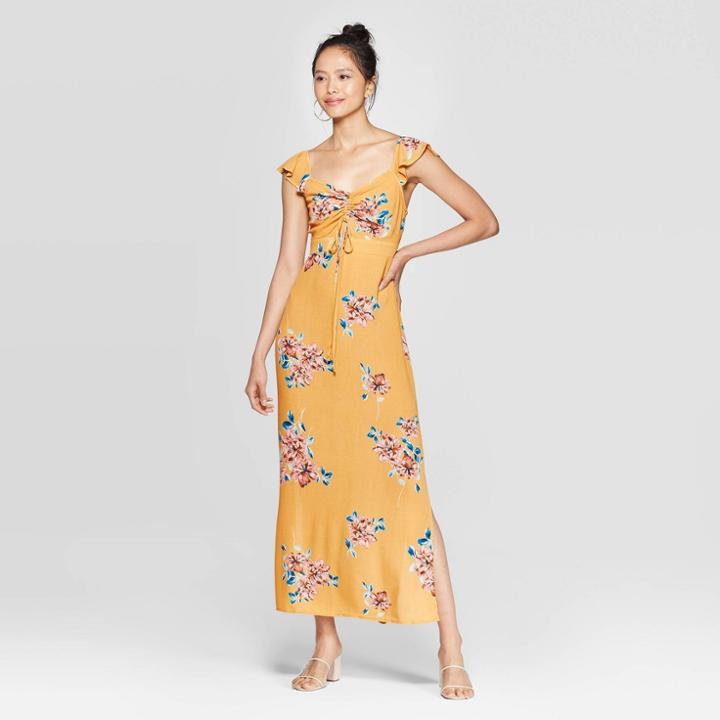 Women's Floral Print Flutter Short Sleeve V-neck Ruched Front Cutout Maxi Dress - Xhilaration Mustard