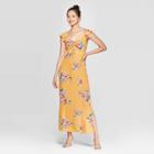 Women's Floral Print Flutter Short Sleeve V-neck Ruched Front Cutout Maxi Dress - Xhilaration Mustard