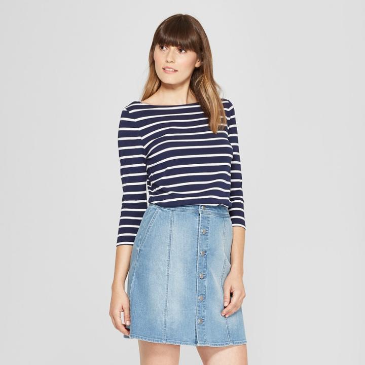 Women's Striped 3/4 Sleeve Boatneck T-shirt - A New Day Navy/white (blue/white)
