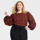 Women's Plus Size Plaid Crewneck Balloon Long Sleeve Flannel Blouse - Ava & Viv Brown