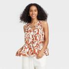 Women's Floral Print Sleeveless Smocked V-neck Top - A New Day Rust