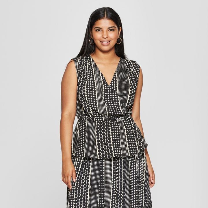 Women's Plus Size Polka Dot Sleeveless Wrap Top - Who What Wear Black/white 3x, Black/white Polka Dot