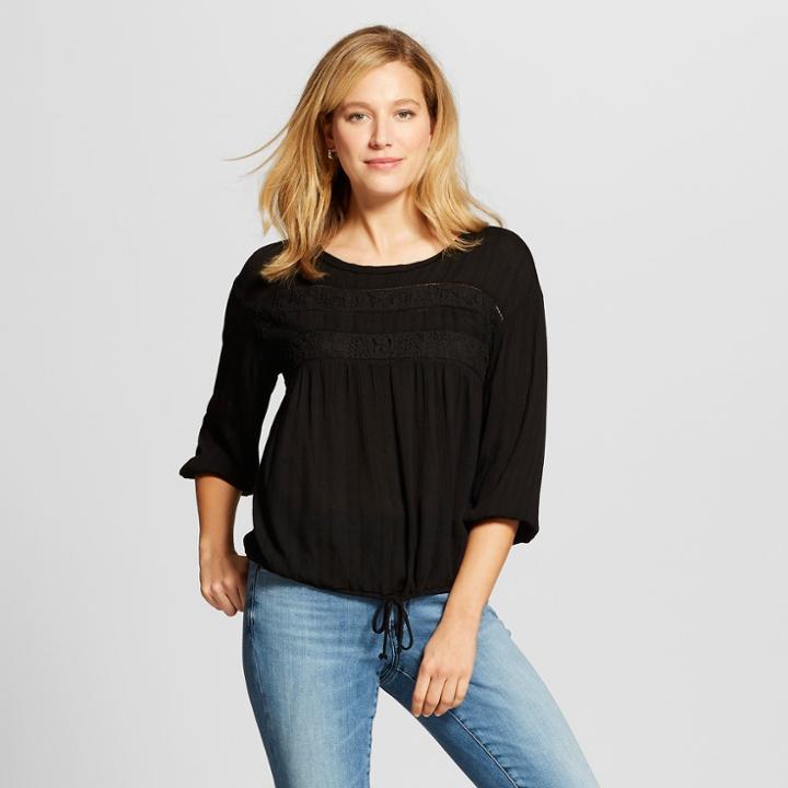 Women's Long Sleeve Knit To Woven Lace Inset Control Bottom Blouse - Knox Rose Black