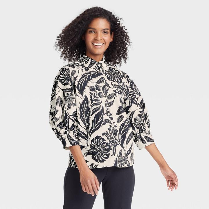 Women's Puff Elbow Sleeve Button-down Shirt - Who What Wear Cream Floral Xs, Ivory Floral