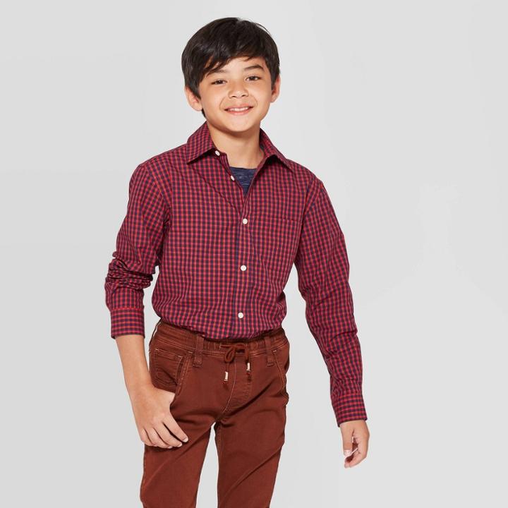 Boys' Long Sleeve Button-down Shirt - Cat & Jack Red/navy L, Boy's, Size: Large, Red Blue