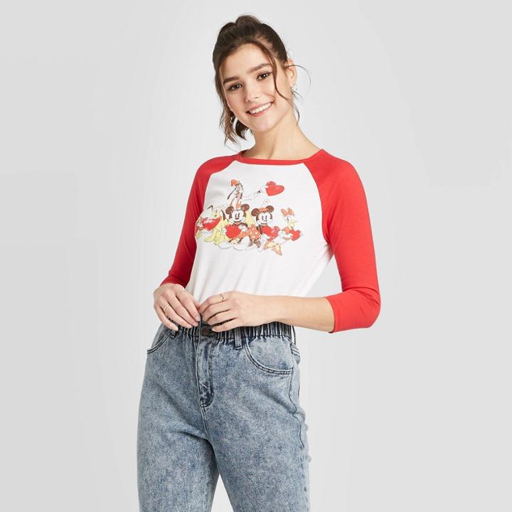 Women's Disney Mickey And Friends Raglan 3/4 Sleeve (juniors') - White/red