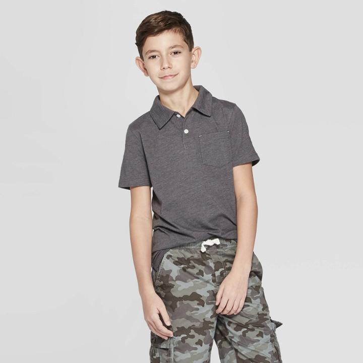 Boys' Short Sleeve Slub Knit Polo Shirt - Cat & Jack Charcoal (grey)