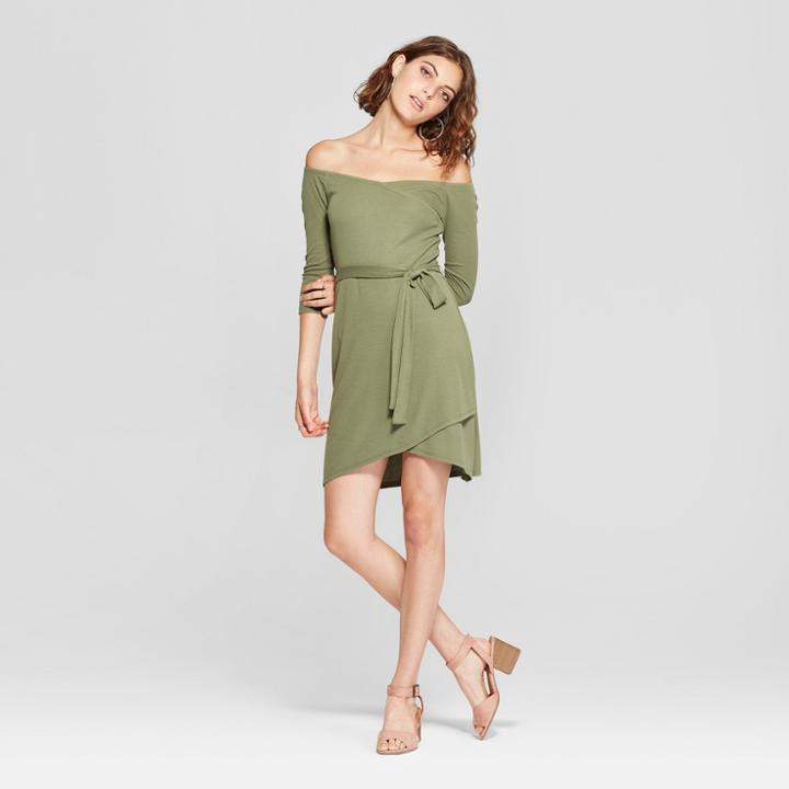 Women's Long Sleeve Off The Shoulder Tie Waist Dress - Love @ First Sight (juniors') Olive