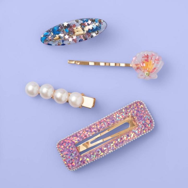More Than Magic Girls' 4pk Shell And Glitter Square Hair Clip - More Than