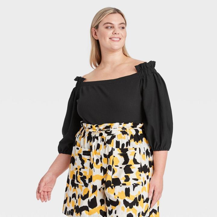 Women's Plus Size Balloon 3/4 Sleeve Bardot Top - Who What Wear Jet Black