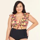 Women's Slimming Control Ruffle Sleeve Bikini Top - Beach Betty By Miracle Brands Coral Pear Print