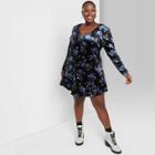 Women's Plus Size Floral Print Long Sleeve Velvet Drop Hem Dress - Wild Fable Blue