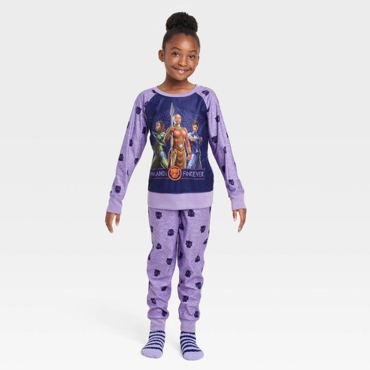Girls' Marvel Black Panther Dora Milaje Pajama Set With Cozy Socks - Purple