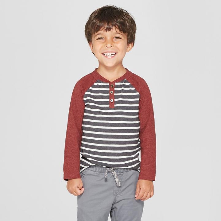 Toddler Boys' Long Sleeve Striped Raglan Henley Shirt - Cat & Jack Maroon/gray