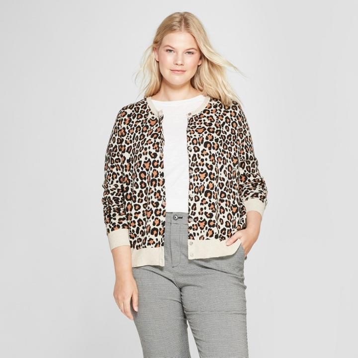 Women's Plus Size Leopard Print Crew Neck Cardigan - A New Day Black/cream