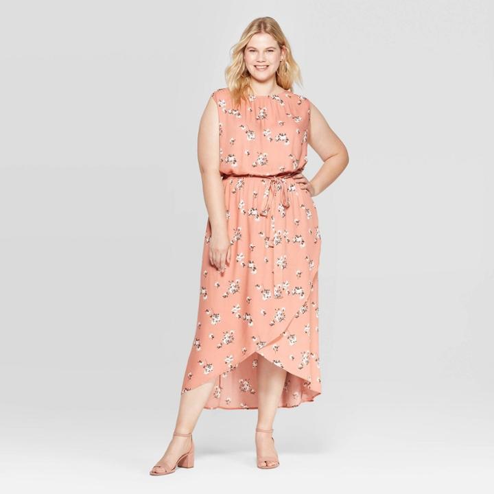 Women's Plus Size Floral Print Sleeveless Crewneck Wrap Skirt Maxi Dress - Ava & Viv Apricot