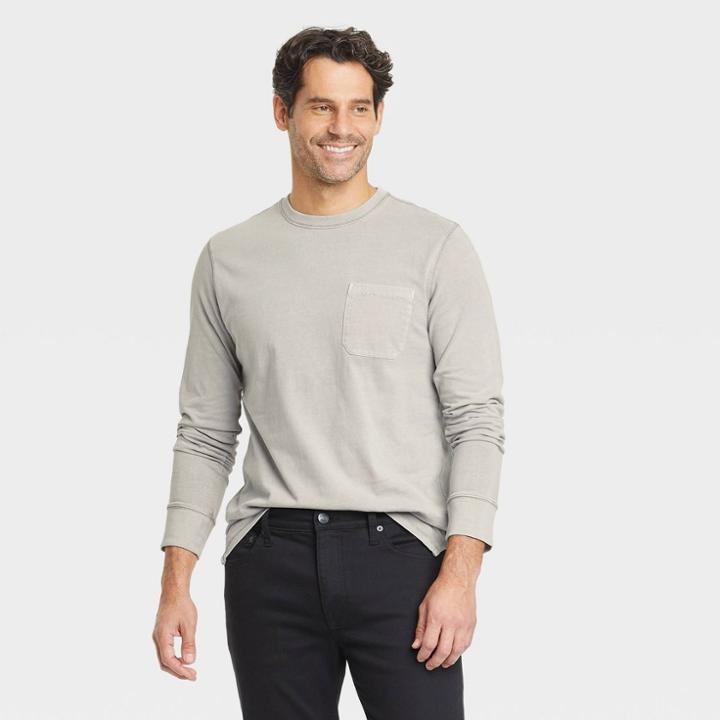 Men's Standard Fit Long Sleeve Crewneck T-shirt - Goodfellow & Co Gray