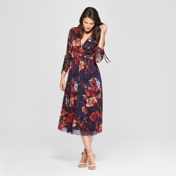 Women's Floral Print Mesh Midi Dress - Spenser Jeremy - Navy Xl,