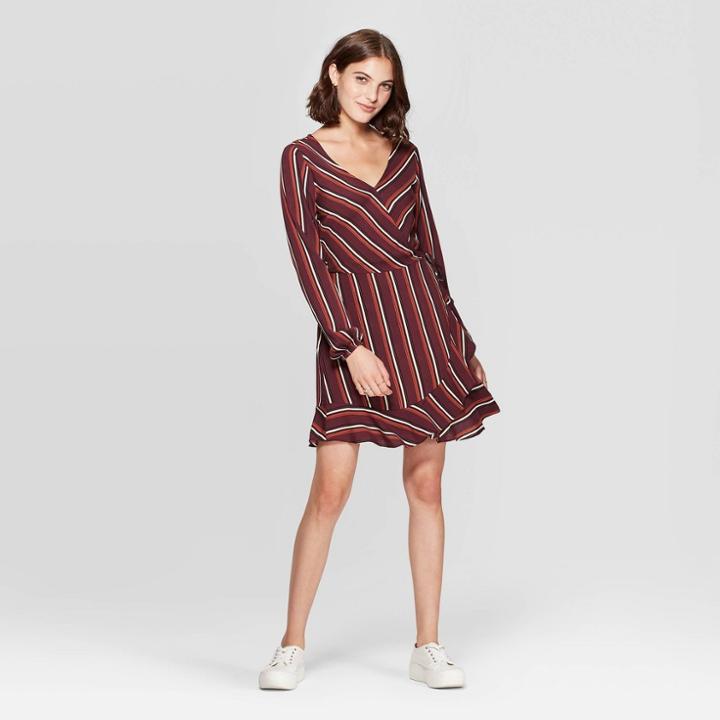 Women's Striped V-neck Long Sleeve Wrap Mini Dress - Xhilaration Burgundy Xs, Women's, Purple
