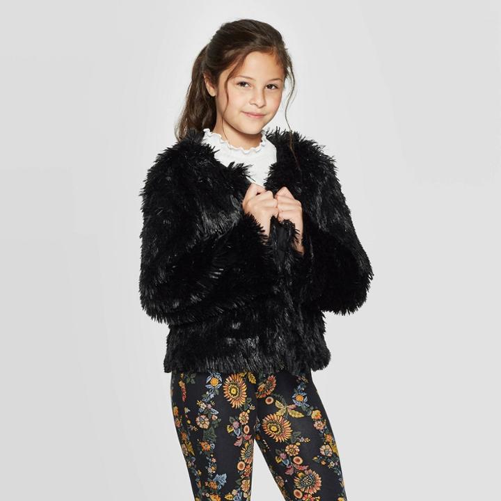 Girls' Open Front Fuzzy Cardigan - Art Class Black