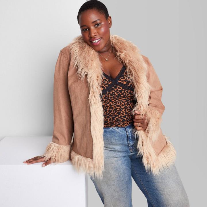 Women's Plus Size Faux Fur Trim Jacket - Wild Fable Tan