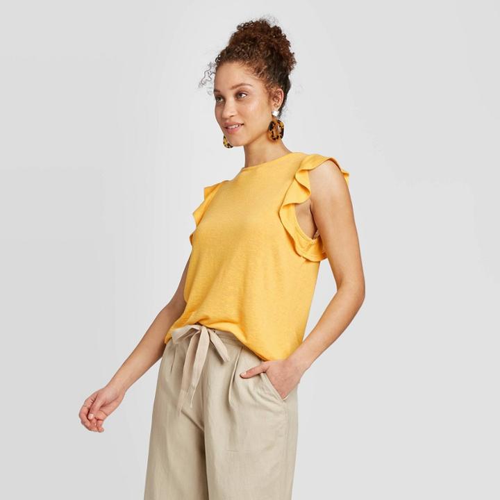 Women's Ruffle Short Sleeve Linen T-shirt - A New Day Yellow