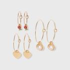 Heart, Pearl And Rose Trio Earring Set 3pc- Wild Fable Gold